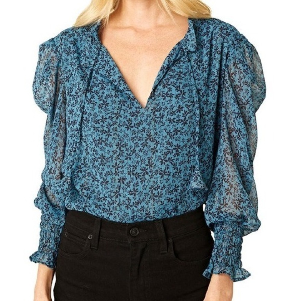 MISA Womens Siena Top Blouse Size XS Cerulean Ditzy Blue Black Floral Shimmer